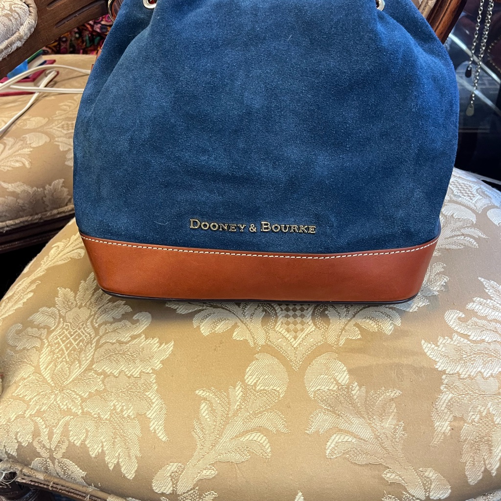 Newdooney & Bourke Royal Blue Suede Large Drawstring Bag With Brown Leather Trim